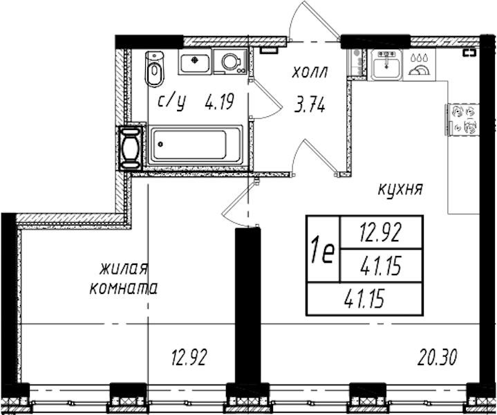 1-комнатная квартира 41.15 м², 1/25 эт., ЖК «Северная Долина»